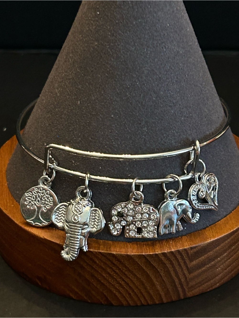 Silver Elephant Slider Charm Bangle Bracelet w/ Hearts & Tree Charms Adjustable